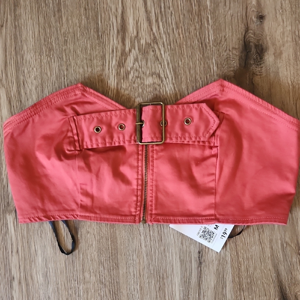 Coral Strapless Crop Top with Buckle